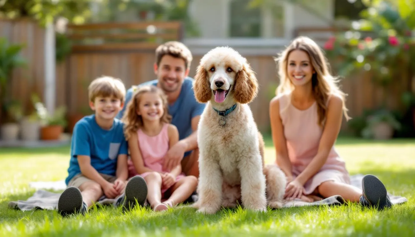 In a sunny backyard, a family sits together with their playful standard poodle, showcasing the dog’s curly coat as children laugh and play around. The scene captures the joy of pet ownership, highlighting the bond between the family and their companion dog in a relaxed outdoor setting.