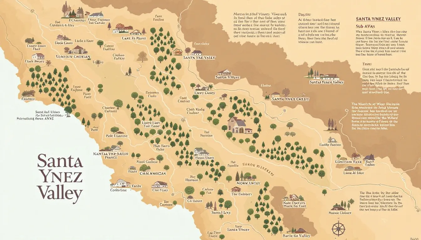 A map highlighting the sub-AVAs of Santa Ynez Valley, showcasing its diverse wine regions.