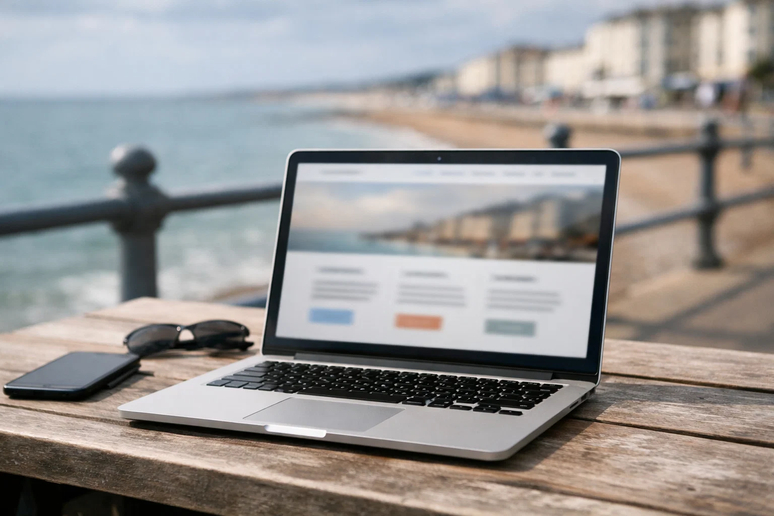 Laptop being used near a UK seaside promenade with the coast in the background, suggesting work on a local business website.