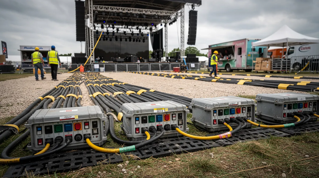 The image shows temporary power distribution boxes and cabling set up at an outdoor festival site, highlighting the essential electrical infrastructure needed to support various lighting systems and LED displays. This setup ensures safe power consumption and efficient energy management for the event's operations.