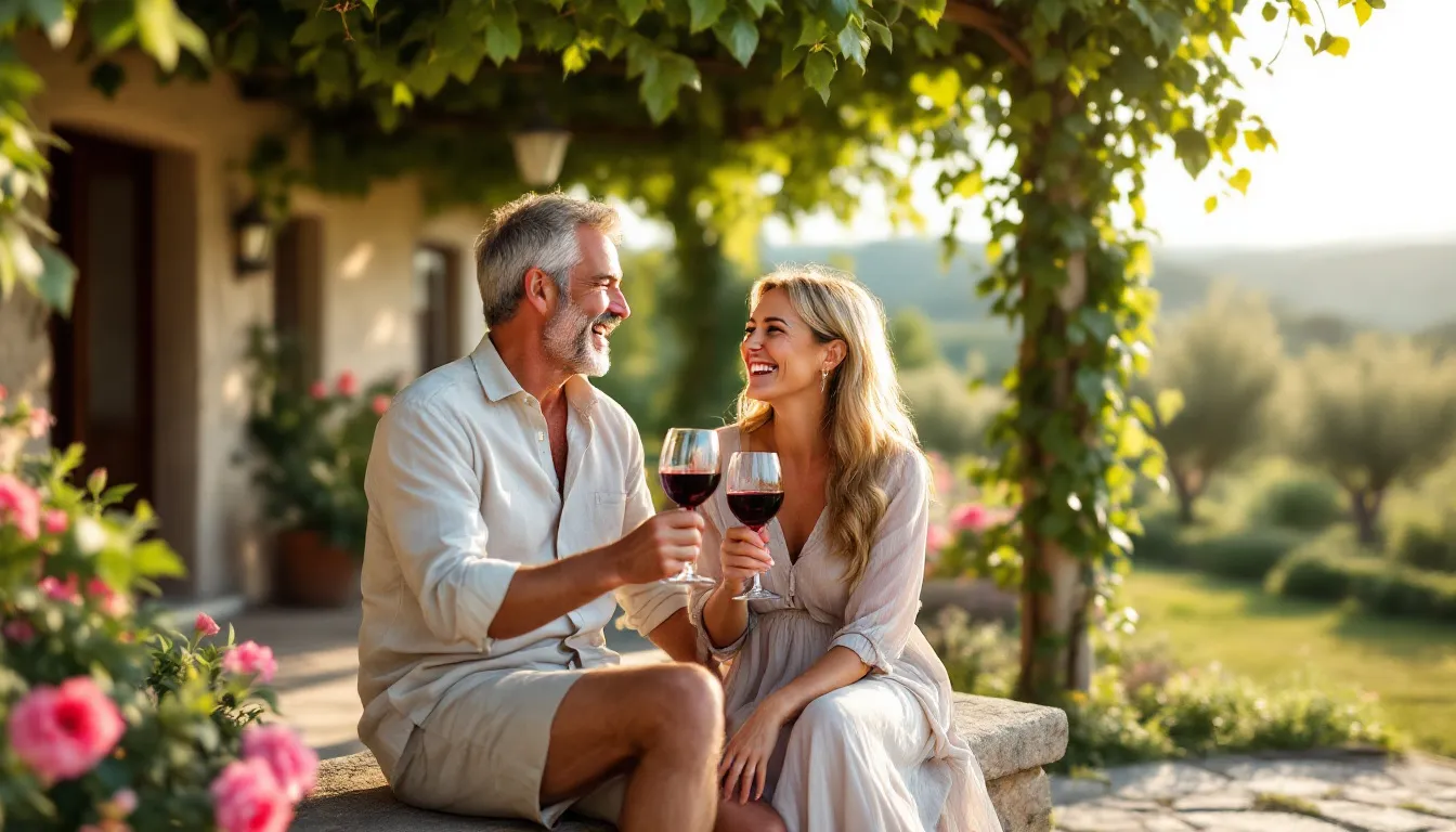 A happy retired couple is enjoying the serene Mediterranean lifestyle in the picturesque Italian countryside, surrounded by lush greenery and charming rustic homes. They embody the joys of life as tax residents in Italy, benefiting from the country's flat tax regime that offers attractive financial incentives for high net worth individuals.