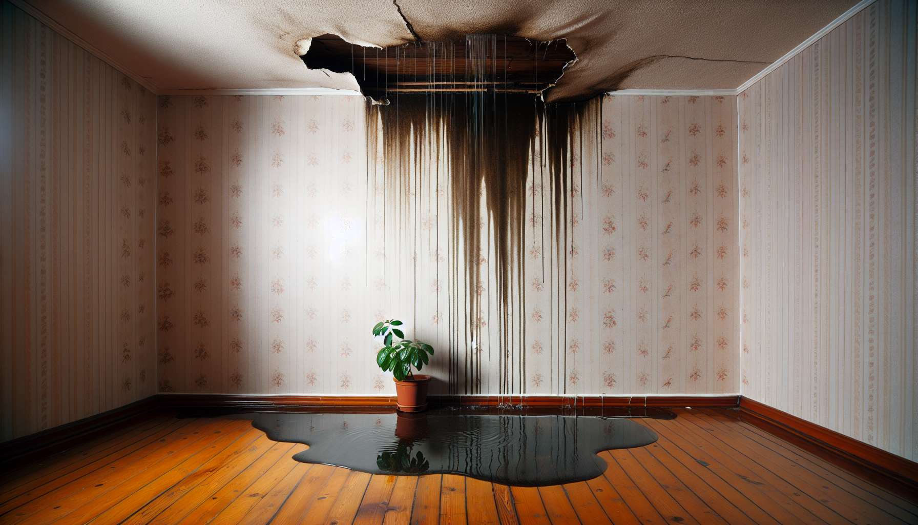 Illustration of water leak from upstairs flat causing damage to the floor