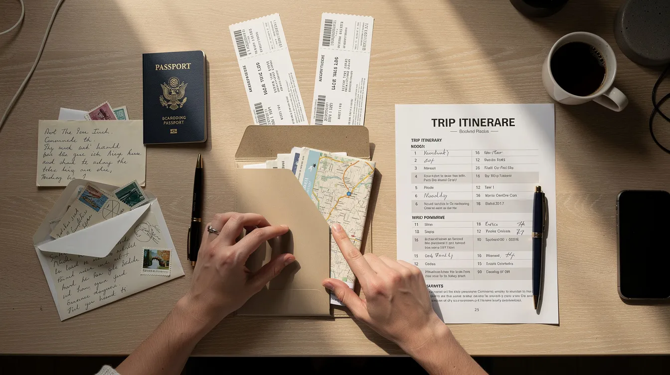 The image shows a person meticulously organizing various travel documents and letters at a desk, which may include a passport, visa application forms, and supporting documentation for their journey to Ireland. This scene emphasizes the importance of having all required documents in order to navigate immigration service delivery and border control effectively.