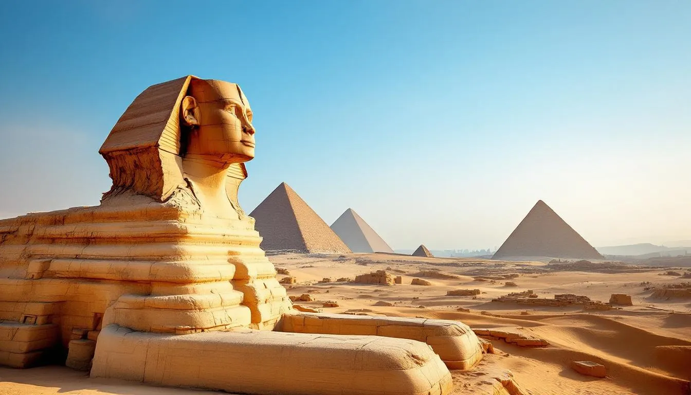 A imagem mostra a Grande Esfinge de Gizé, imponente e enigmática, com as pirâmides do Egito ao fundo, situadas em um vasto deserto sob um céu claro. Este cenário icônico representa uma das maravilhas do Egito antigo, atraindo turistas em busca de explorar a rica história da região.