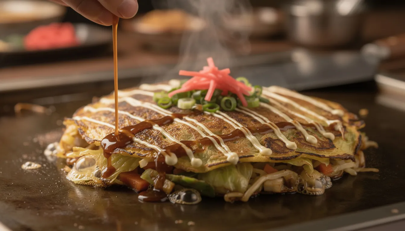 The image depicts a sizzling Japanese okonomiyaki being grilled on a hot plate, surrounded by colorful vegetables. This classic Japanese street food showcases a blend of ingredients, making it a delicious meal option for those seeking vegan food in Osaka.
