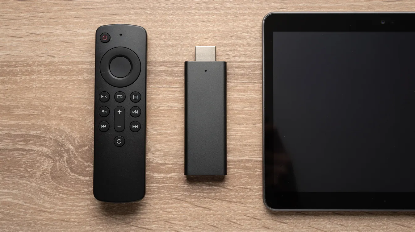 The image features a variety of streaming devices, including a remote control, a streaming stick, and a tablet, all neatly arranged on a wooden surface, highlighting the broad device support available for IPTV services. This setup exemplifies the convenience of accessing live TV channels and on-demand content through popular devices like Apple TV, Fire TV, and Android TV boxes.
