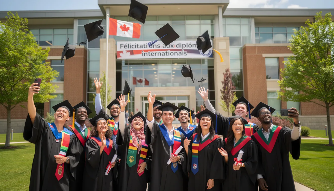 Des diplômés internationaux, vêtus de toges et de chapeaux de graduation, célèbrent joyeusement devant un bâtiment universitaire canadien, symbolisant la fin de leurs études et l'opportunité de devenir résident permanent après leurs études au Canada. L'image évoque un moment de fierté et d'accomplissement, représentant les étapes vers un permis de travail postdiplôme et une carrière réussie.