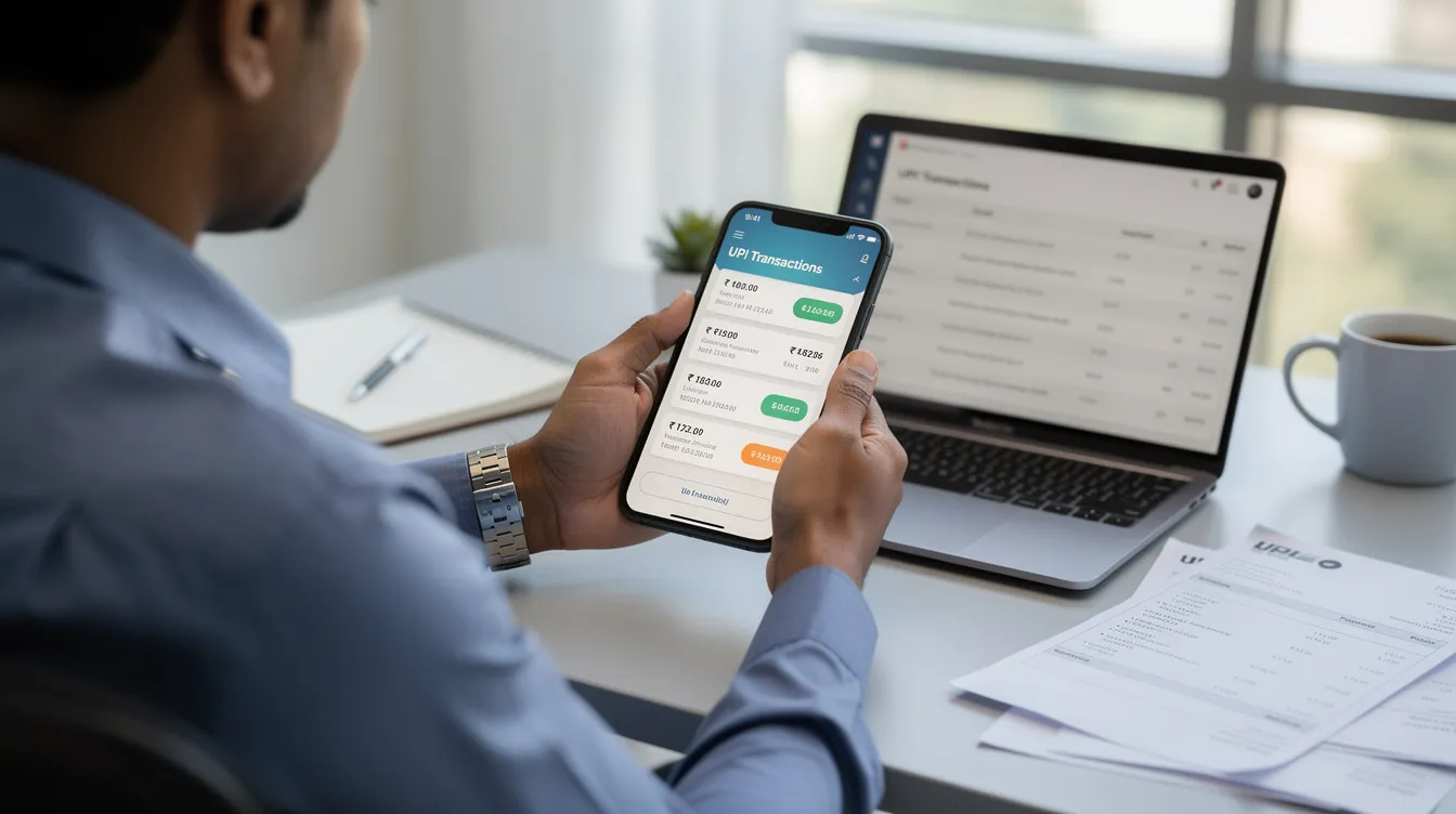 A person is using a smartphone to check their UPI transaction history, reviewing business payments made to beneficiaries of micro units. This digital tool aids in managing financial assistance and tracking the cash flow of their enterprise, essential for those engaged in micro enterprises under the Mudra scheme.