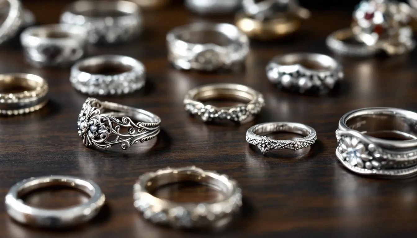 The image showcases a stunning collection of polished sterling silver rings, featuring various styles including chunky and delicate designs, perfect for women. Each ring is crafted with quality and craftsmanship, making them ideal for special occasions such as weddings or as statement pieces to elevate any outfit.