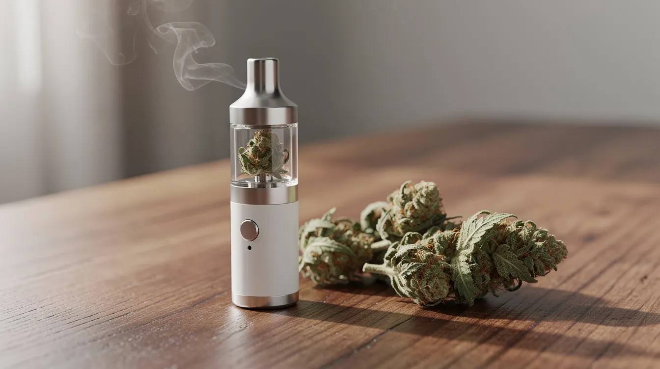 Ein medizinischer Verdampfer für Cannabisblüten steht auf einem Holztisch, umgeben von einer ruhigen Umgebung. Dieses Gerät wird von Cannabis-Patienten verwendet, um die Wirkstoffe aus den Blüten effizient zu inhalieren und ist Teil der Therapie mit medizinischem Cannabis.