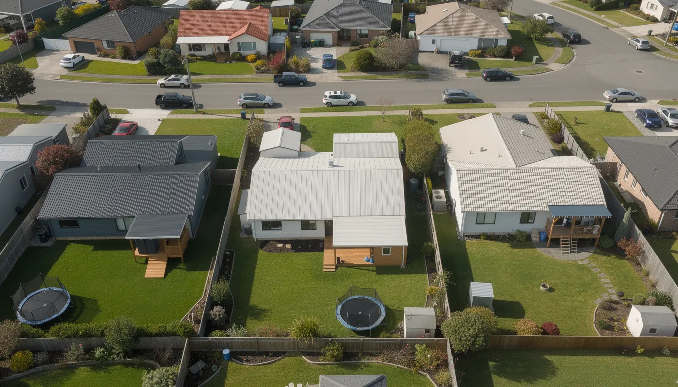An aerial view of a suburban neighborhood in New Zealand showcases a variety of houses with different roof types, including tile roofs and metal roofing. This diverse landscape highlights the importance of regular roof maintenance and the potential need for roof repairs or replacements to ensure the structural integrity of residential and commercial properties.