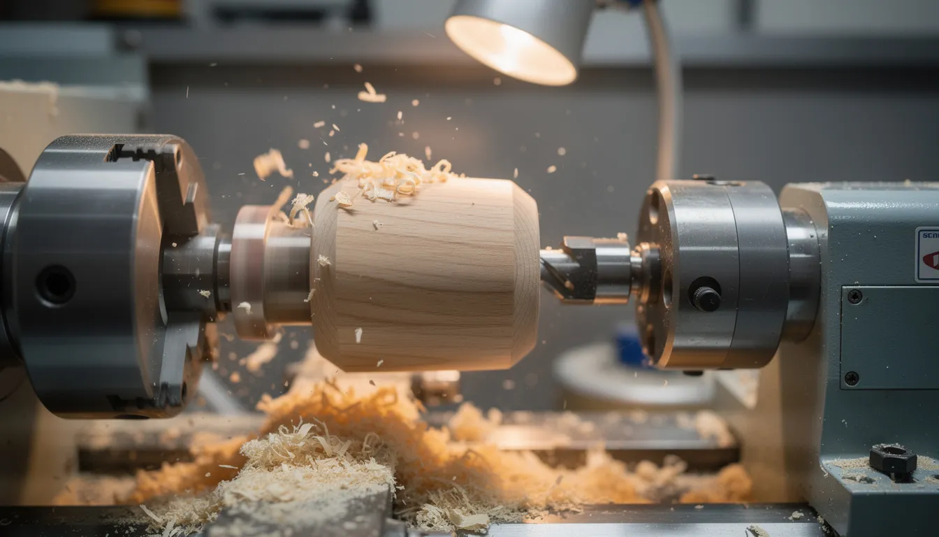 Na zdjęciu widoczna jest obrabiarka CNC, która precyzyjnie toczy drewnianą nogę stołową wykonaną z drewna bukowego. Proces ten pozwala na uzyskanie eleganckich i trwałych nóg meblowych, idealnych do różnorodnych aranżacji wnętrz.