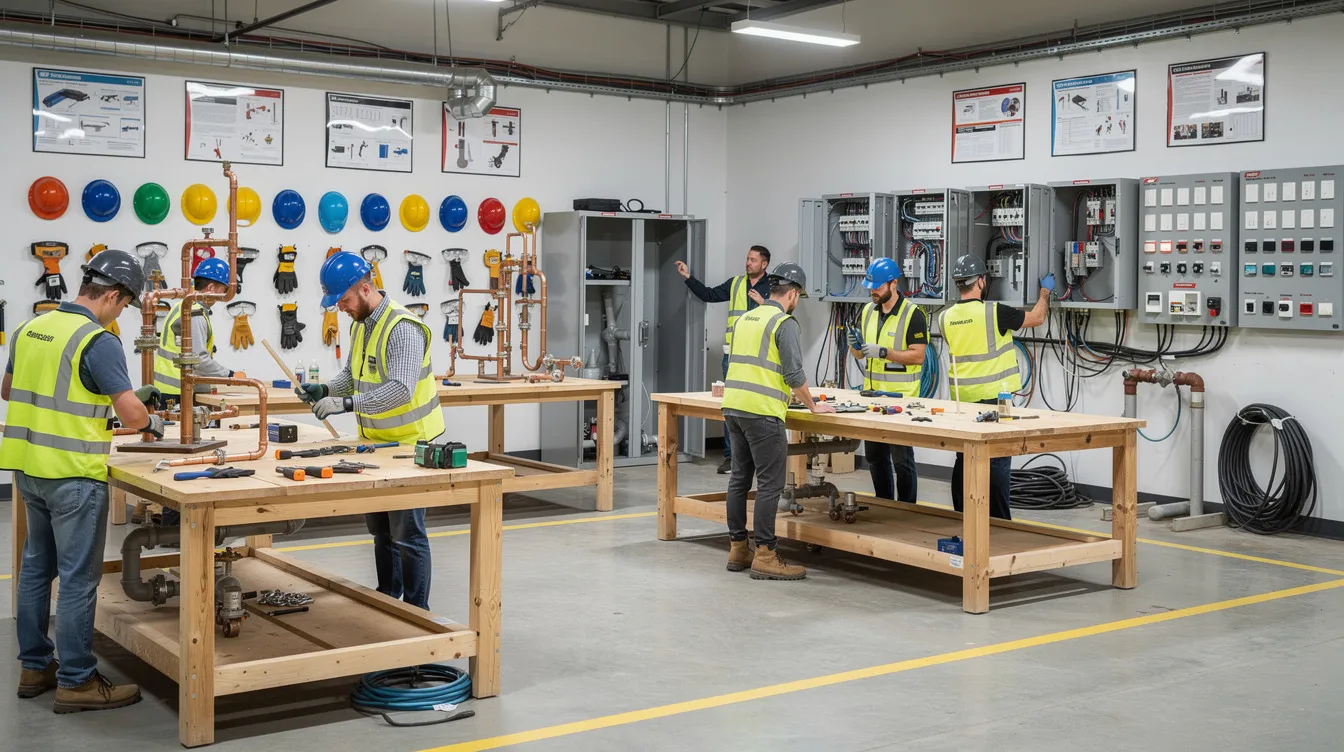 The image depicts the interior of a construction training center workshop, showcasing apprentices engaged in hands-on practice with plumbing and electrical installations at workbenches, surrounded by safety gear. This environment highlights the commitment to on-the-job training within the construction trades, providing students with essential skills for a rewarding career.