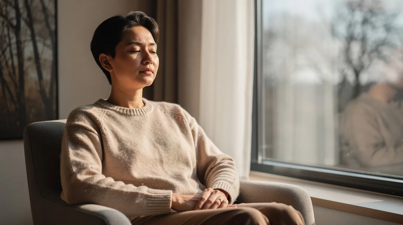 A person is sitting peacefully by a window, engaged in calm reflection, symbolizing the importance of mental health and personal growth. This serene scene highlights the value of a compassionate space for individuals navigating life transitions and emotional regulation.