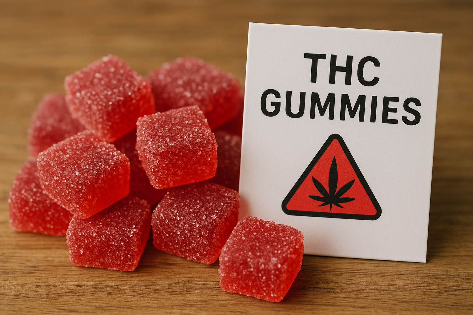 Red THC-infused gummies coated in sugar on a wooden surface next to a white card labeled "THC Gummies" with a red cannabis warning symbol.