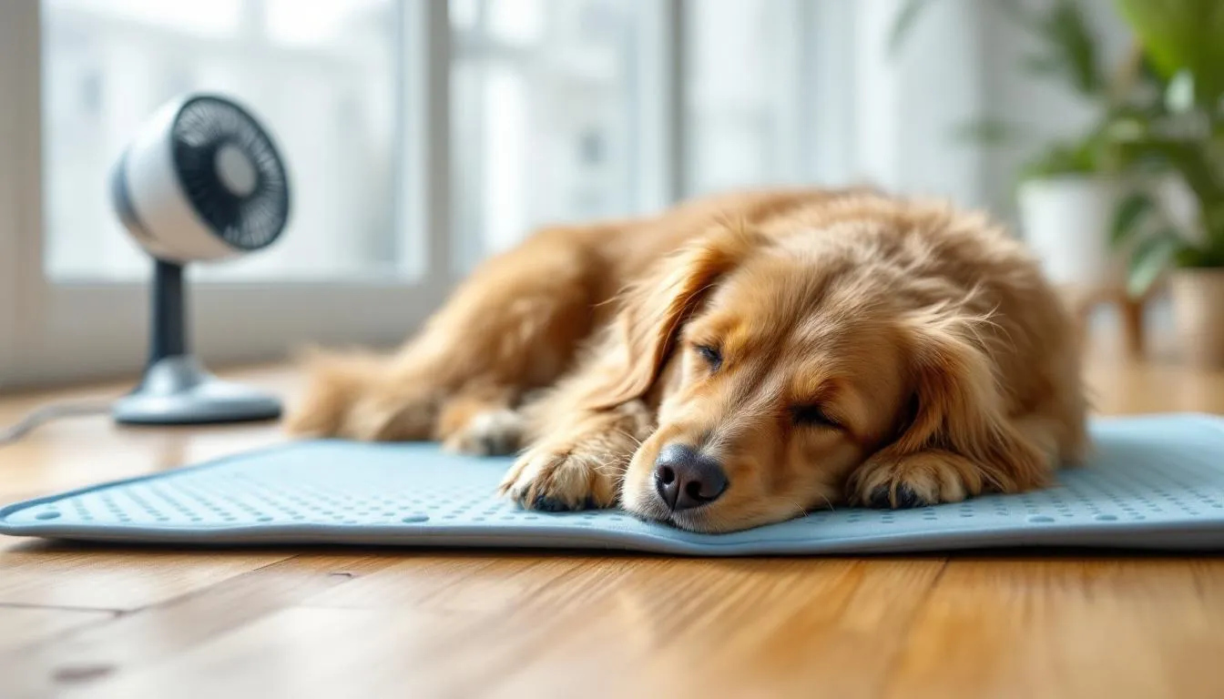 A dog is resting comfortably on a cooling mat indoors, with a fan circulating cool air to help maintain the dog