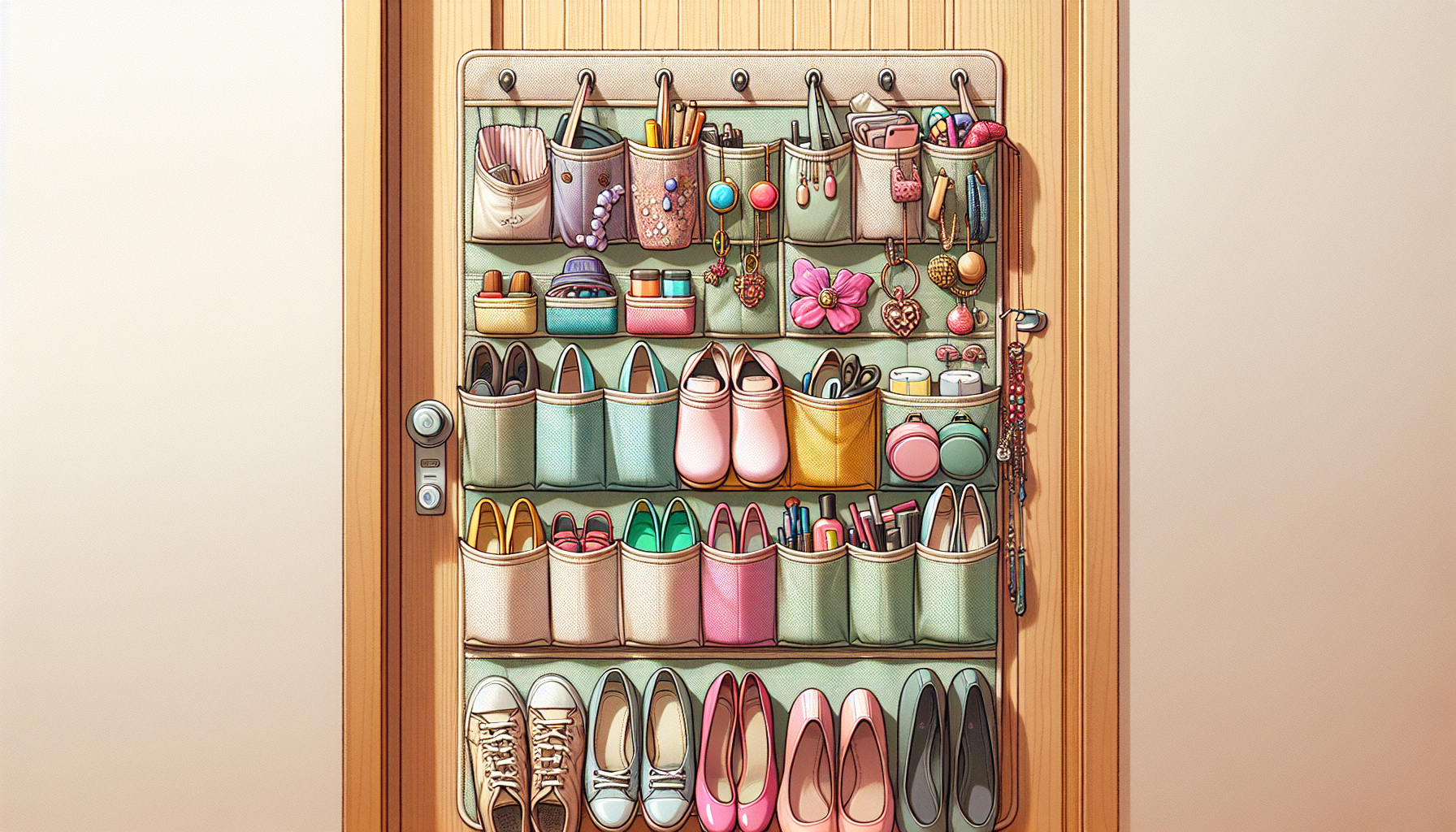 Illustration of over-the-door organisers for small bedroom storage