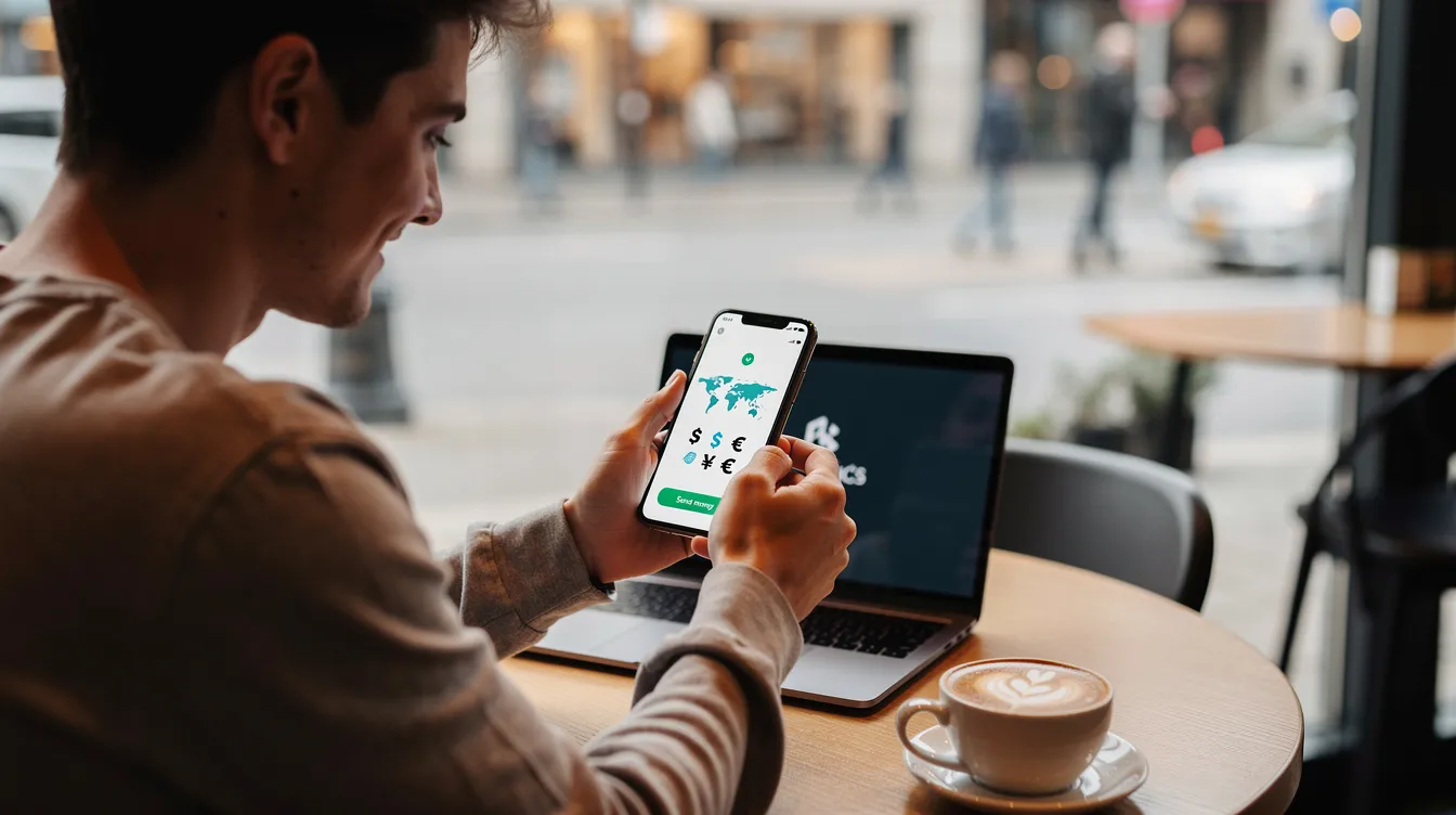 A person is seated at a café, using a smartphone app to send an international money transfer, showcasing the convenience of online money transfer services like Ria Money Transfer. The scene highlights the ease of sending money abroad with just a few taps on a mobile device.