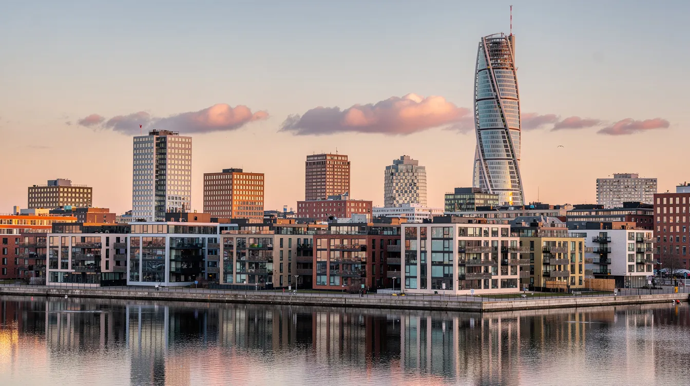 En panoramabild av Malmös stadssiluett visar Turning Torso i bakgrunden, omgiven av moderna bostadshus vid vattnet. Denna bild ger en känsla av stadens dynamiska atmosfär och kan inspirera till inredning med populära möbler som soffor och soffbord för hemmet.