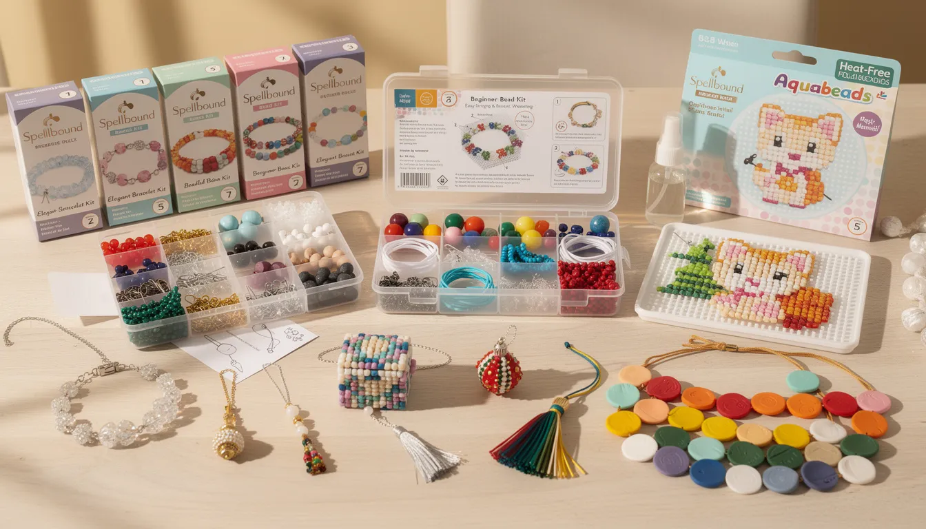 The image showcases a variety of jewellery making kits, including bracelet kits and bead kits, each featuring an assortment of colorful beads and materials. Accompanied by step-by-step instructions, these complete kits are designed for all skill levels, making them perfect for beginners and experienced crafters alike.