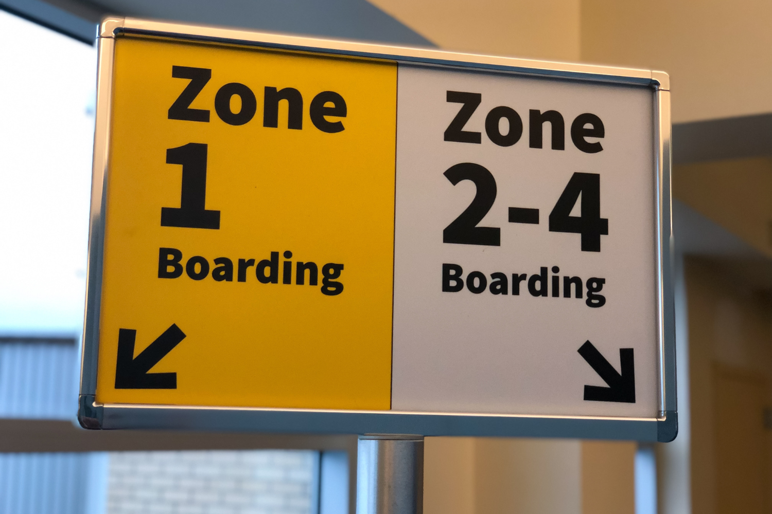 direction boards at the airport showing direction to boarding zones