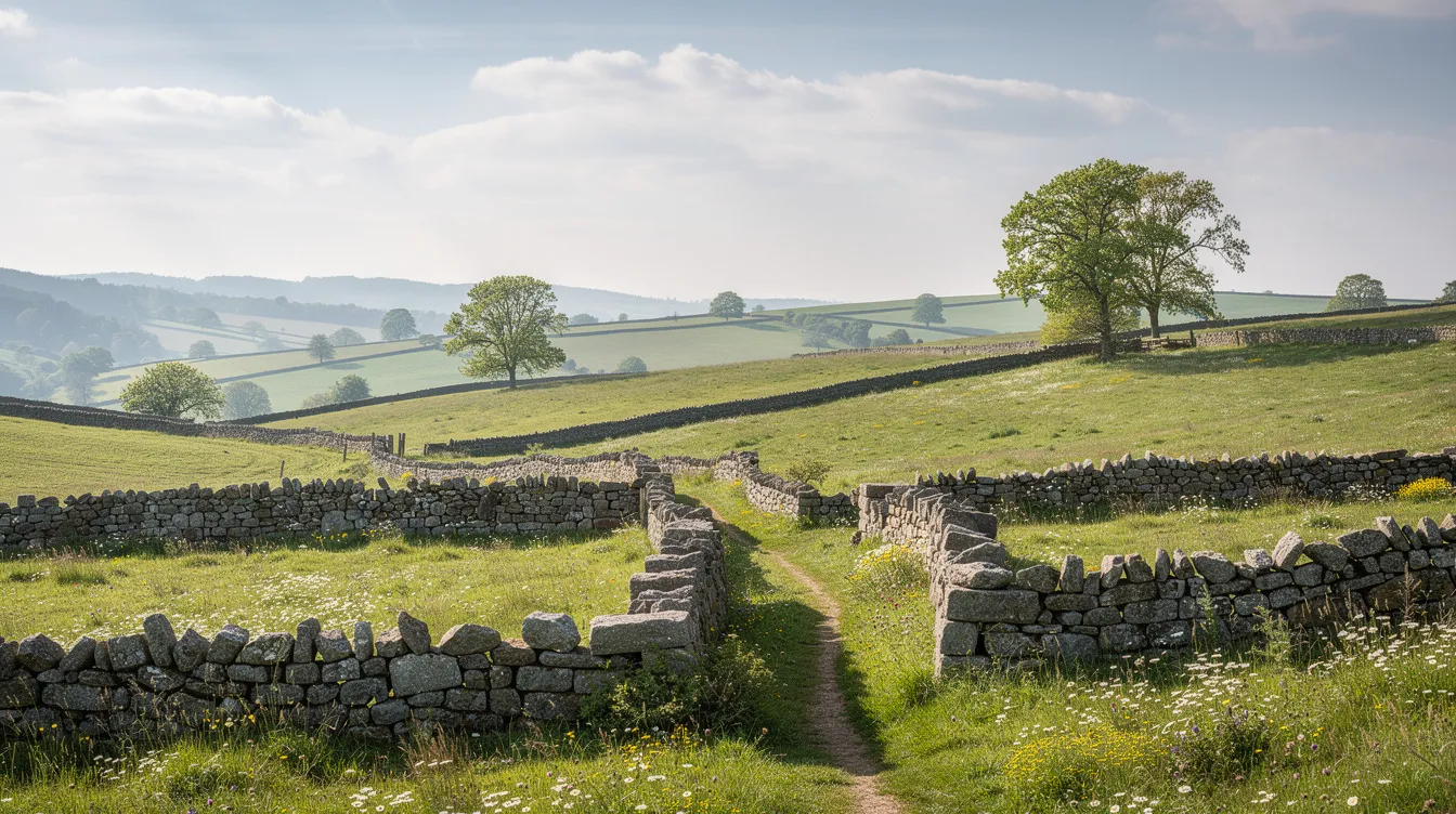 The image depicts a serene green countryside landscape in western Europe, characterized by rolling hills and traditional stone walls. This picturesque scene evokes a sense of tranquility, perfect for those considering travel documents and visa applications to visit Ireland.