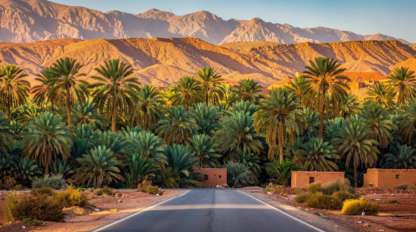Une palmeraie verdoyante le long d'une route avec des montagnes arides en arrière-plan dans le sud du Maroc.
