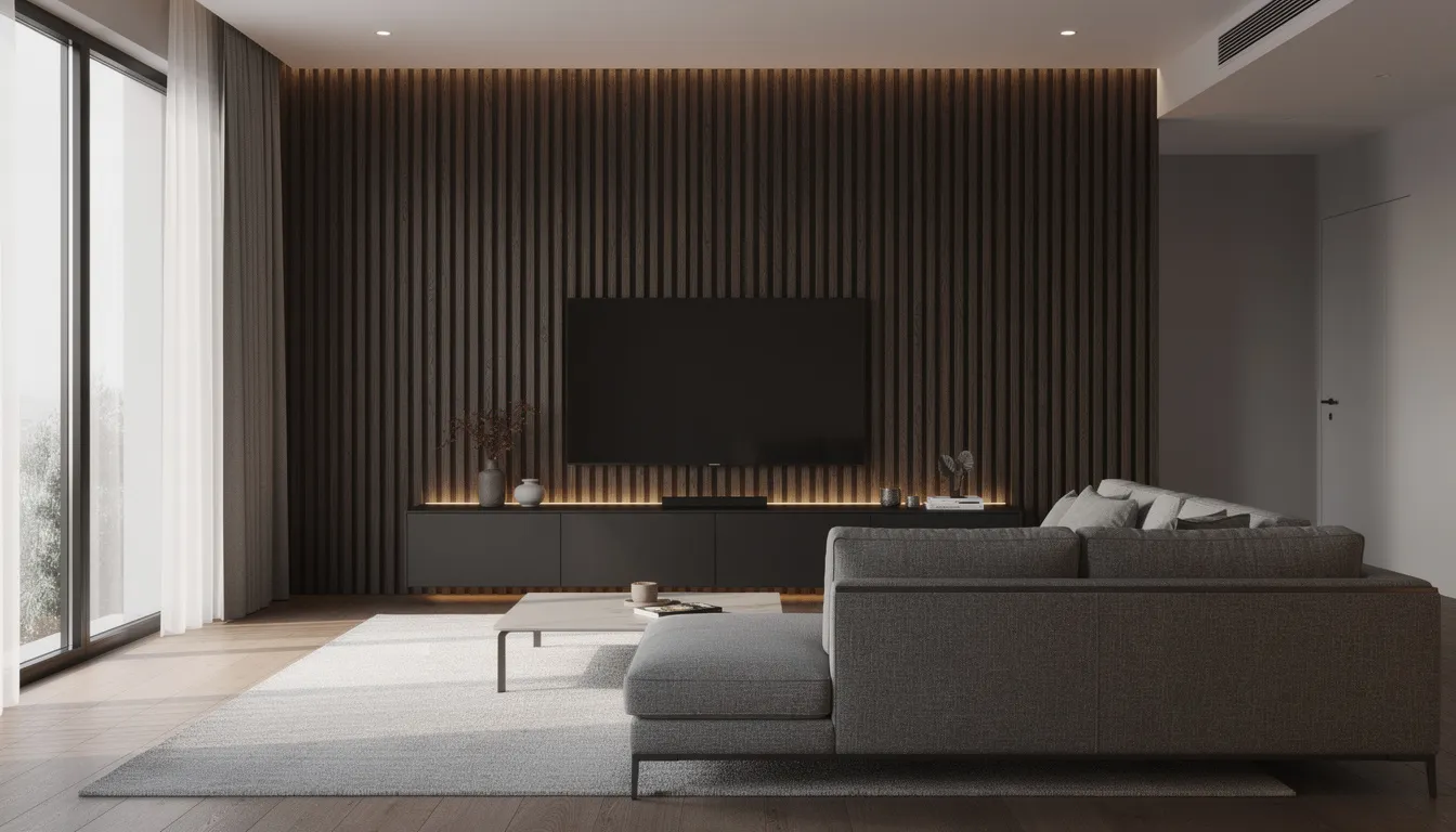 De afbeelding toont een stijlvolle woonkamer met donkere verticale lattenpanelen als wandbekleding achter een groot tv-meubel en een moderne bank. De kunststof wandpanelen geven de ruimte een trendy uitstraling en zijn eenvoudig schoon te maken, wat bijdraagt aan het onderhoudsgemak van het interieur.