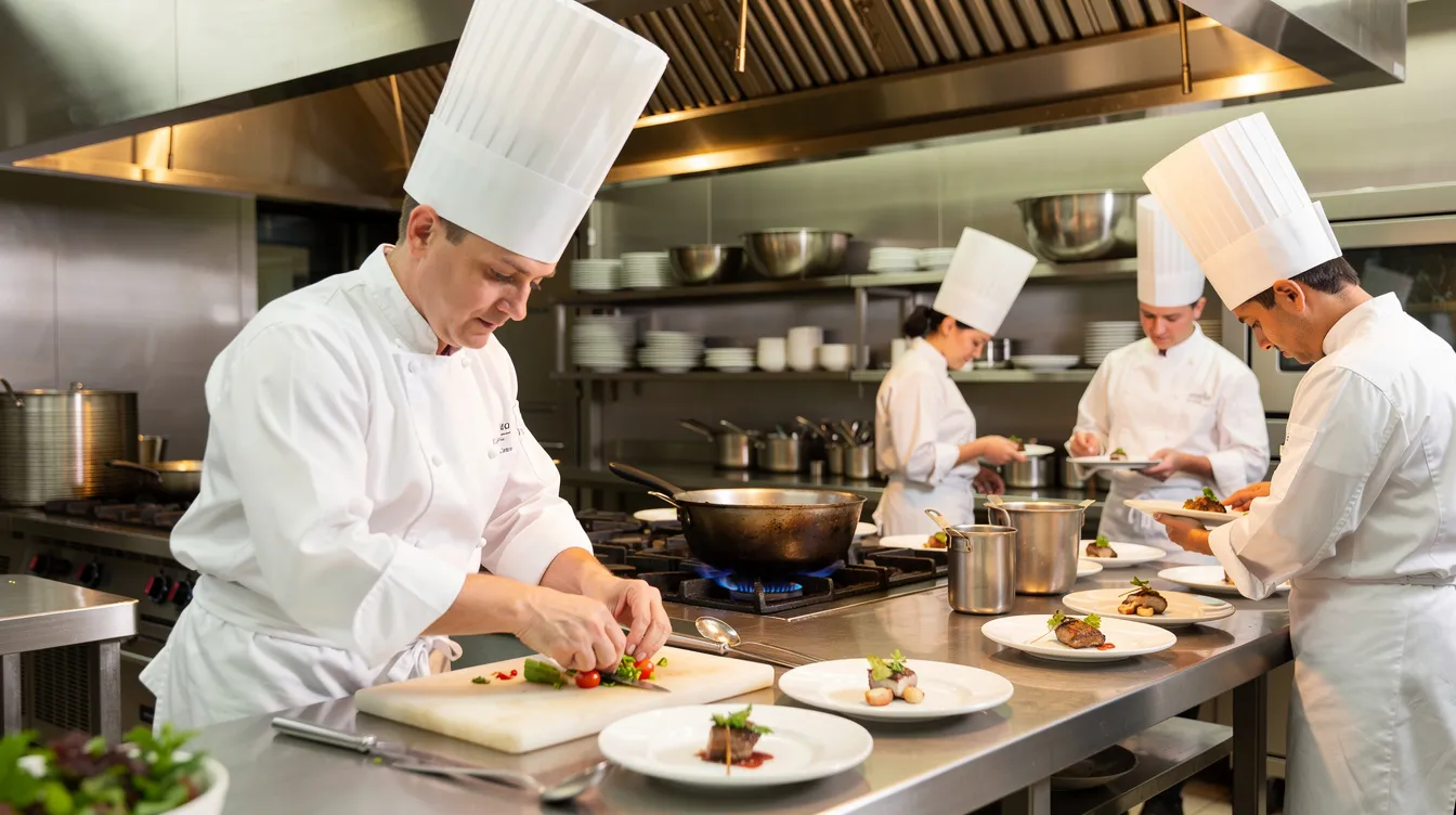 The image depicts hotel kitchen staff diligently preparing food in a bustling commercial kitchen, showcasing the operational efficiency essential in the hospitality industry. The scene reflects the teamwork and professionalism required to ensure high-quality service and operational success in hotel operations.