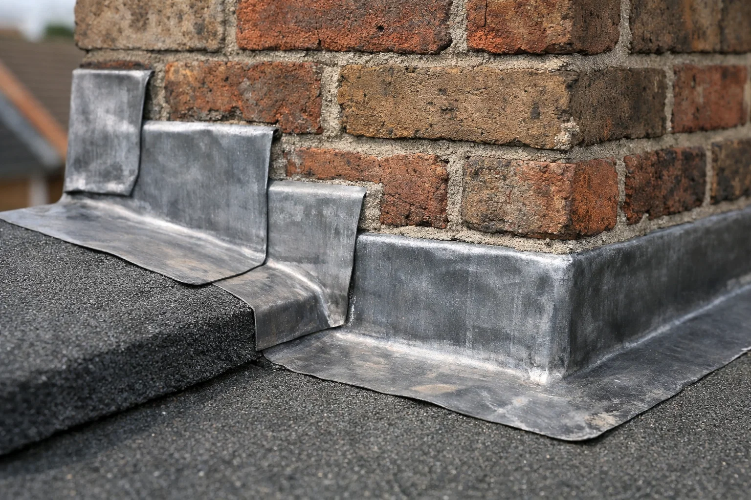 Close up of lead flashing and chimney pointing detail on a flat roof in Bolton.