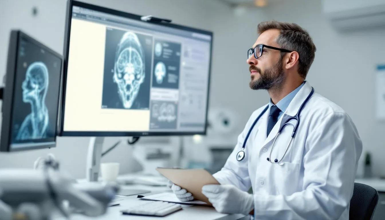 A veterinarian is intently examining a dog