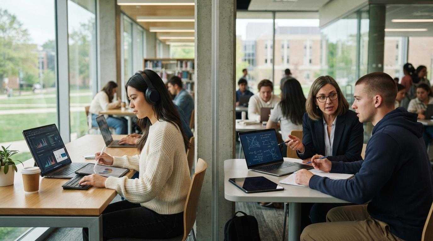 Photorealistic split-scene of university students using AI-assisted learning in two different study environments, one following personalized digital lessons and the other solving coursework with guided faculty support, modern campus setting.