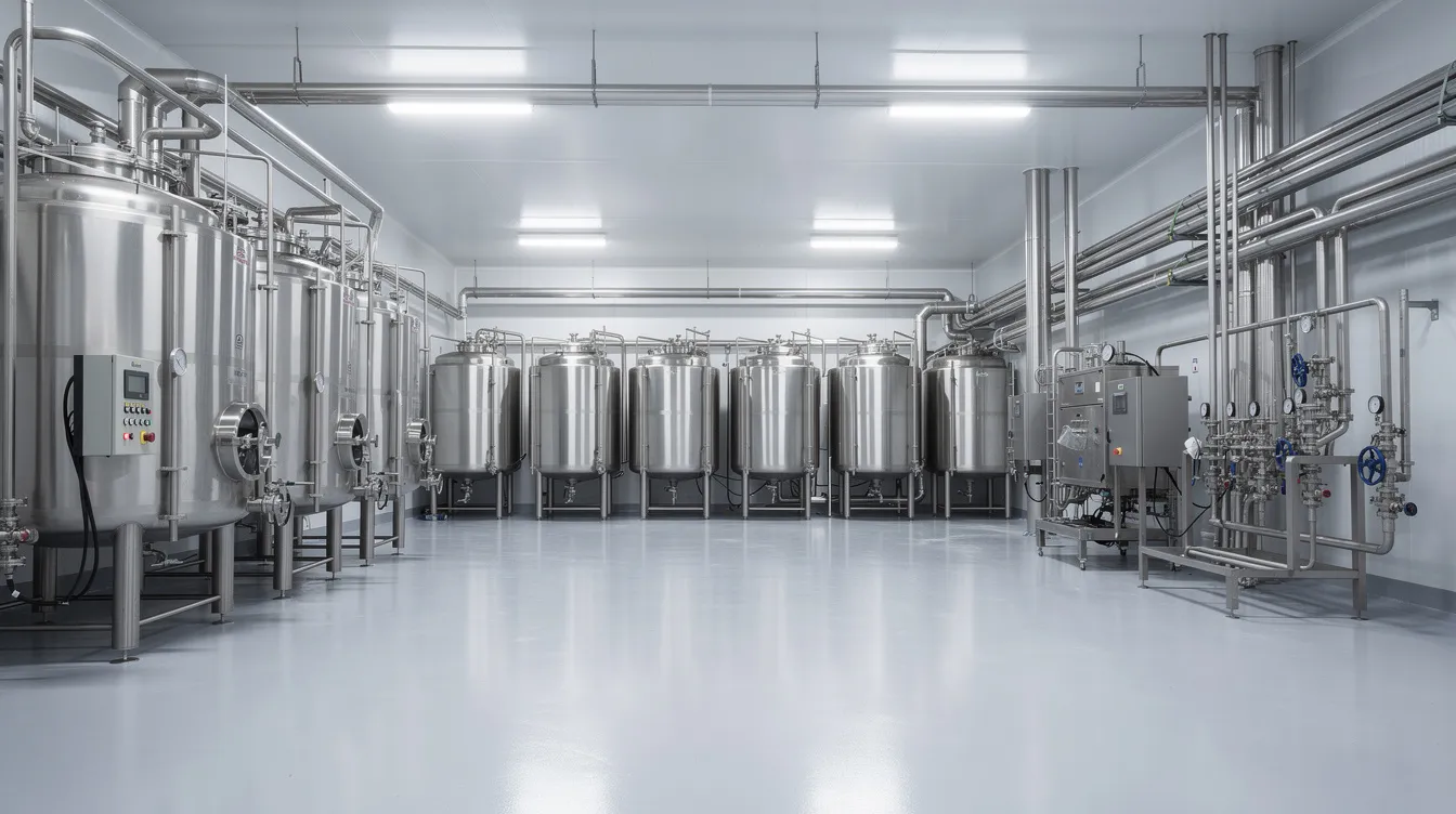 The image depicts the interior of a modern stainless steel dairy processing plant, showcasing an array of pipes and tanks essential for UHT milk production. This facility highlights advanced food processing technology aimed at meeting the rising demand for shelf-stable dairy products in the global UHT milk market.
