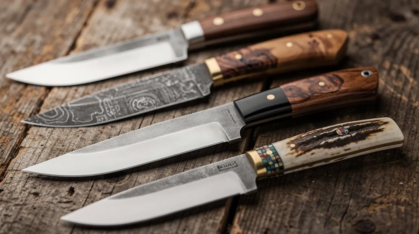 A close-up view showcases several hand-forged knives, each featuring unique blade finishes and handle materials, arranged on a weathered wooden table. The collection highlights the craftsmanship of handmade knives, emphasizing their durability and quality, perfect for any kitchen or outdoor adventure.