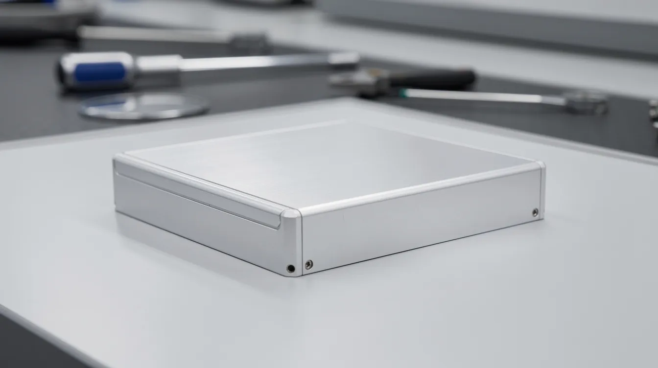 The image shows a finished aluminum electronic housing resting on a quality inspection table, featuring clean and flash-free parting line edges, indicative of a successful die casting process. This attention to surface quality helps eliminate common die casting defects and enhances overall product quality in manufacturing.