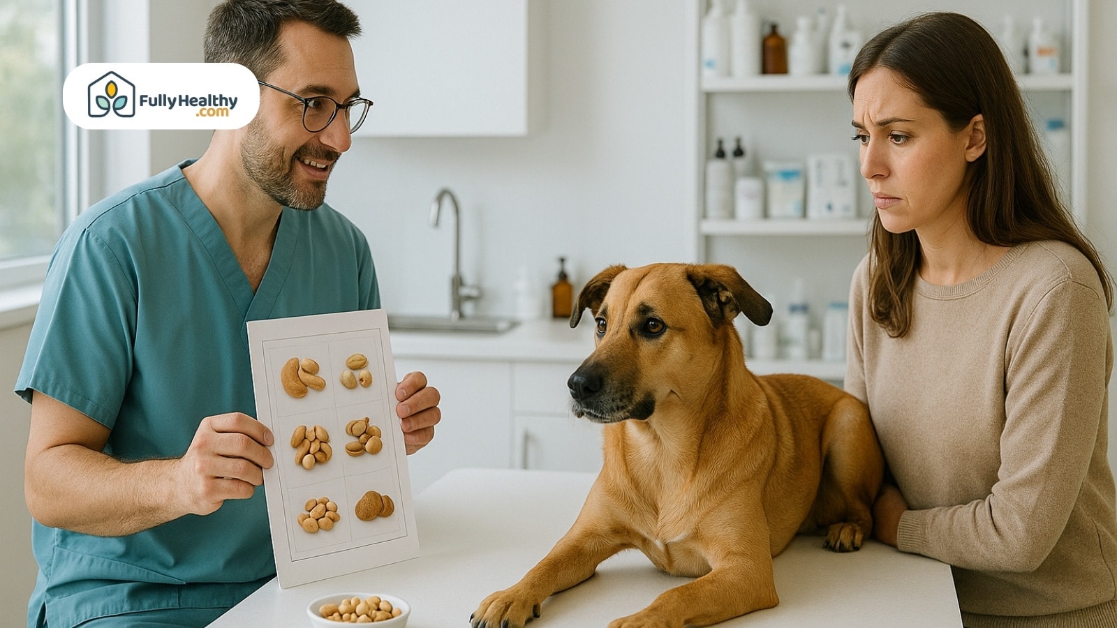 Veterinarian showing nuts chart to concerned woman and her attentive dog