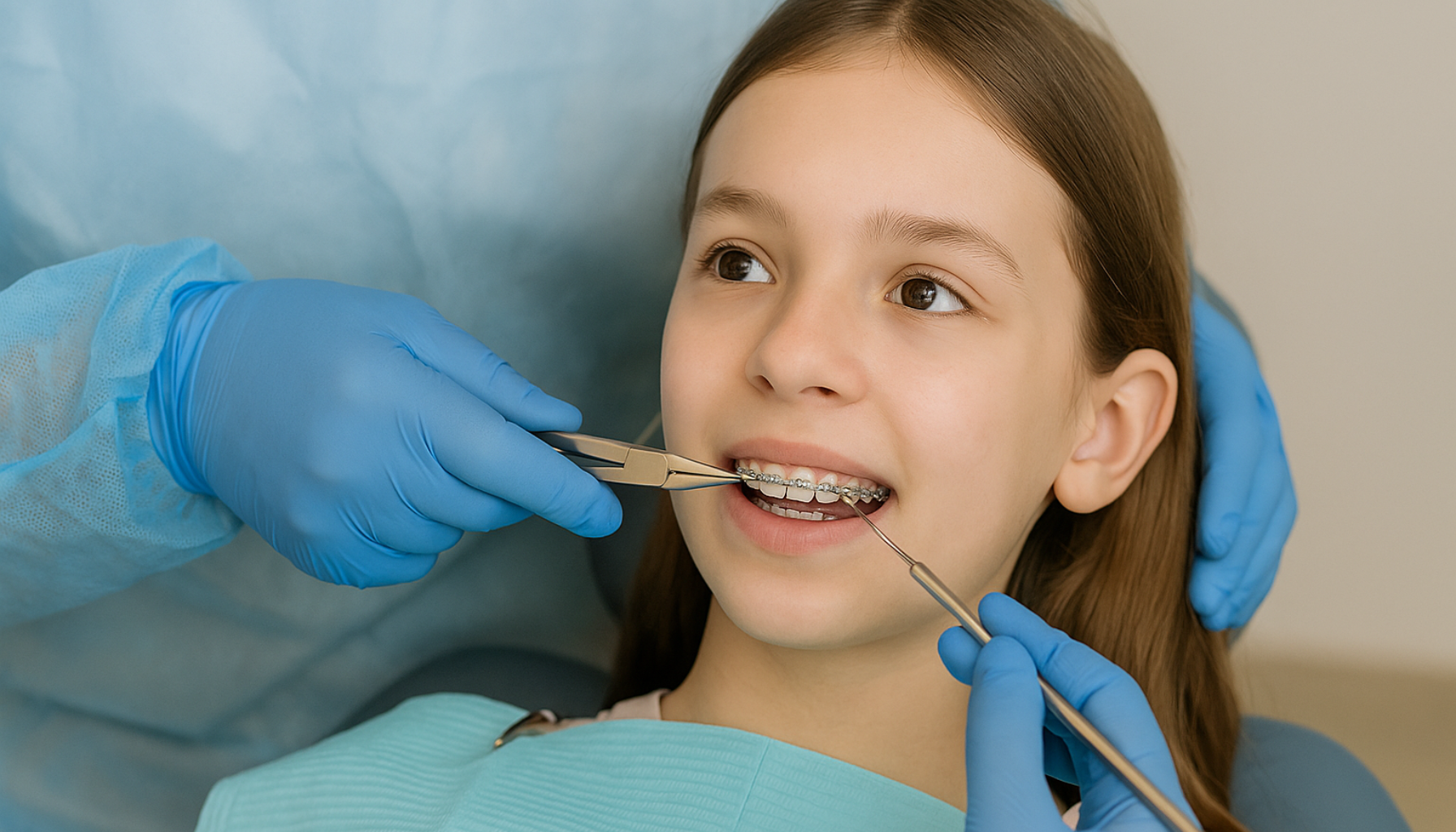 Ung jente får regulering hos tannlege, smiler mens en spesialist justerer metallbøylen med verktøy i en klinisk setting.