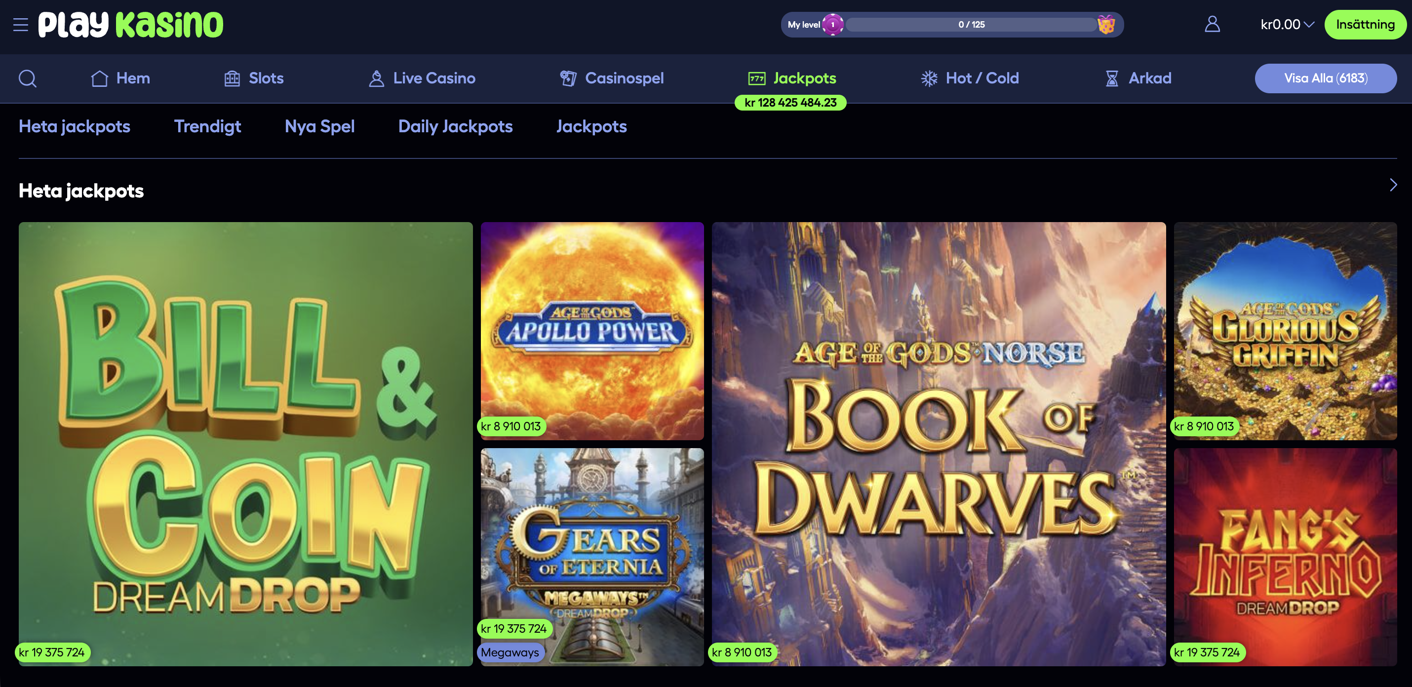 PlayKasino jackpots sida med spel som Bill & Coin Dream Drop och Book of Dwarves – PlayKasino recension