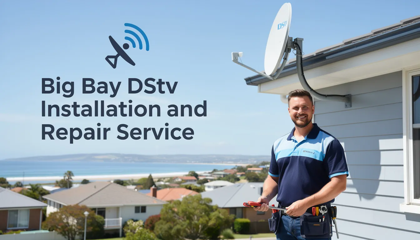The image showcases a professional technician performing a DStv installation service in Big Bay, with a satellite dish mounted on a building and various DStv equipment, including a decoder, displayed nearby. The scene emphasizes reliable service and expert technicians ensuring optimal signal quality for home entertainment setups.