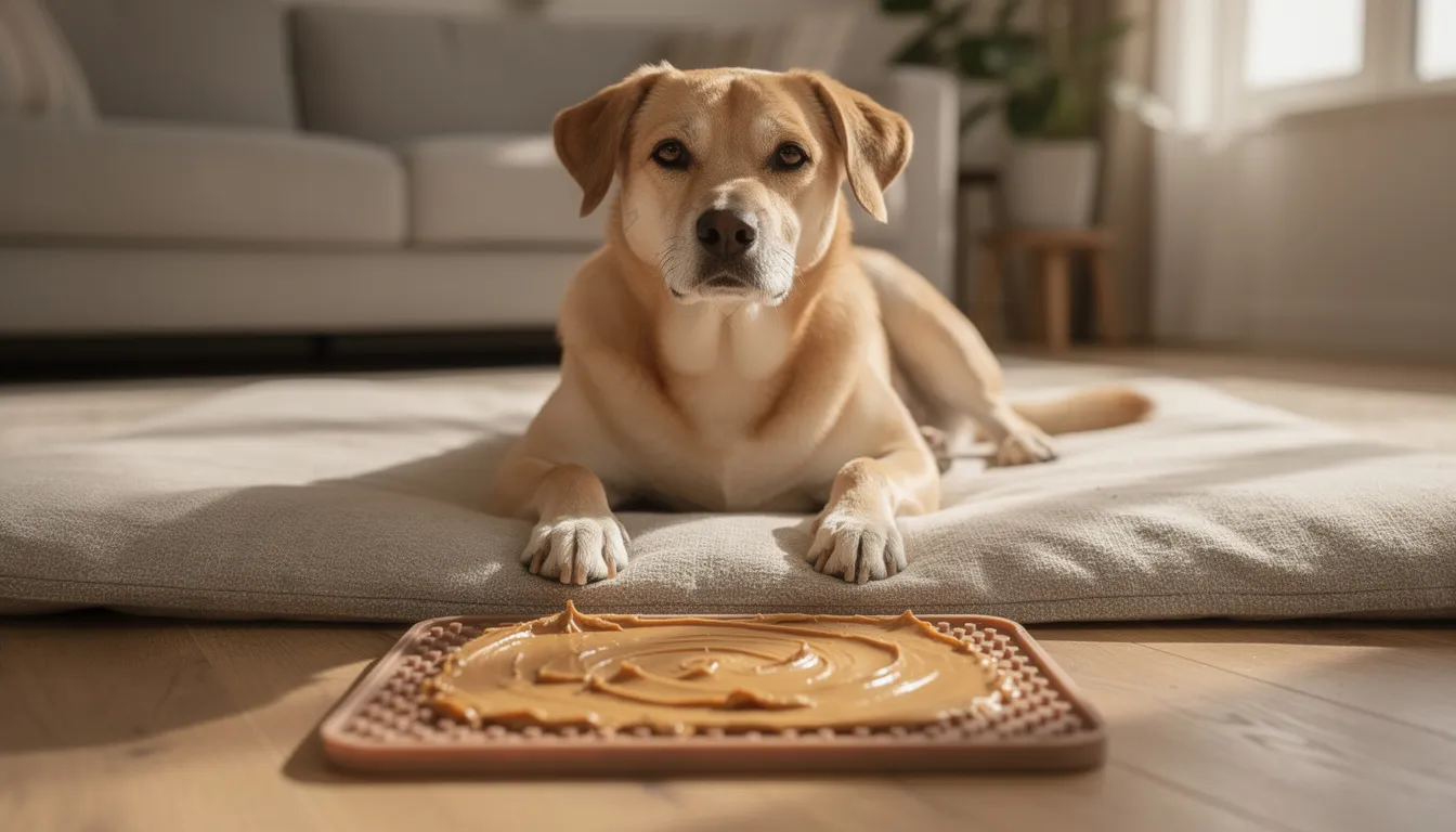 A calm dog is lying on a mat, relaxed and content, with a licking mat in front of them smeared with peanut butter, providing mental stimulation to prevent boredom and reduce stress levels. This scene highlights the importance of interactive toys in promoting emotional well-being and addressing signs of anxiety in dogs.