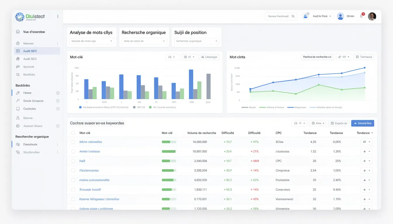 L'image montre une capture d'écran d'outils SEO professionnels, mettant en évidence l'analyse de mots-clés pour optimiser le référencement d'un site web. On y voit des graphiques et des données sur les performances des mots-clés, essentiels pour améliorer la visibilité sur les moteurs de recherche.