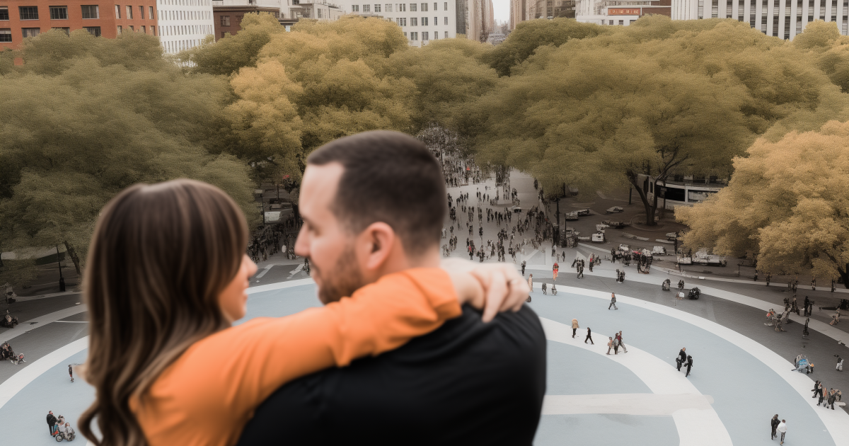 Couple in Washington Square Park in New York, NY holding each other and feeling satisfied after marriage counseling with Loving at Your Best Marriage and Couples Counseling in NYC.