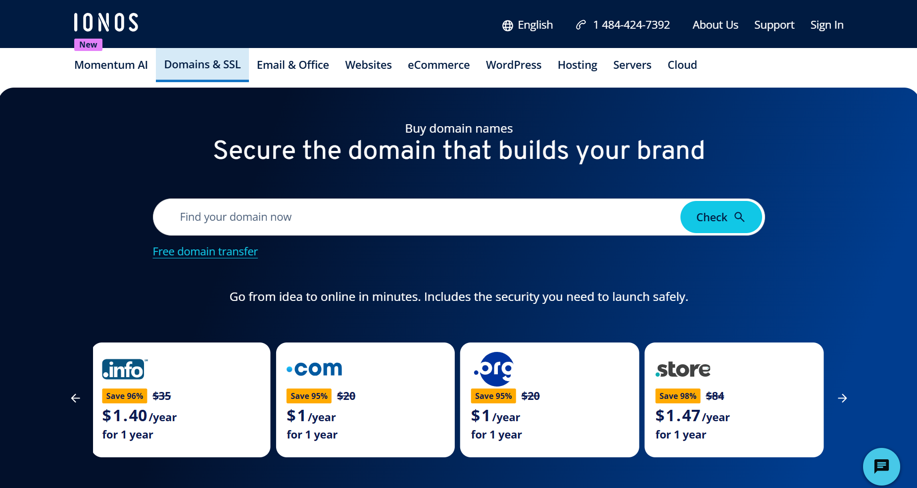 A screenshot of IONOS' Domains page