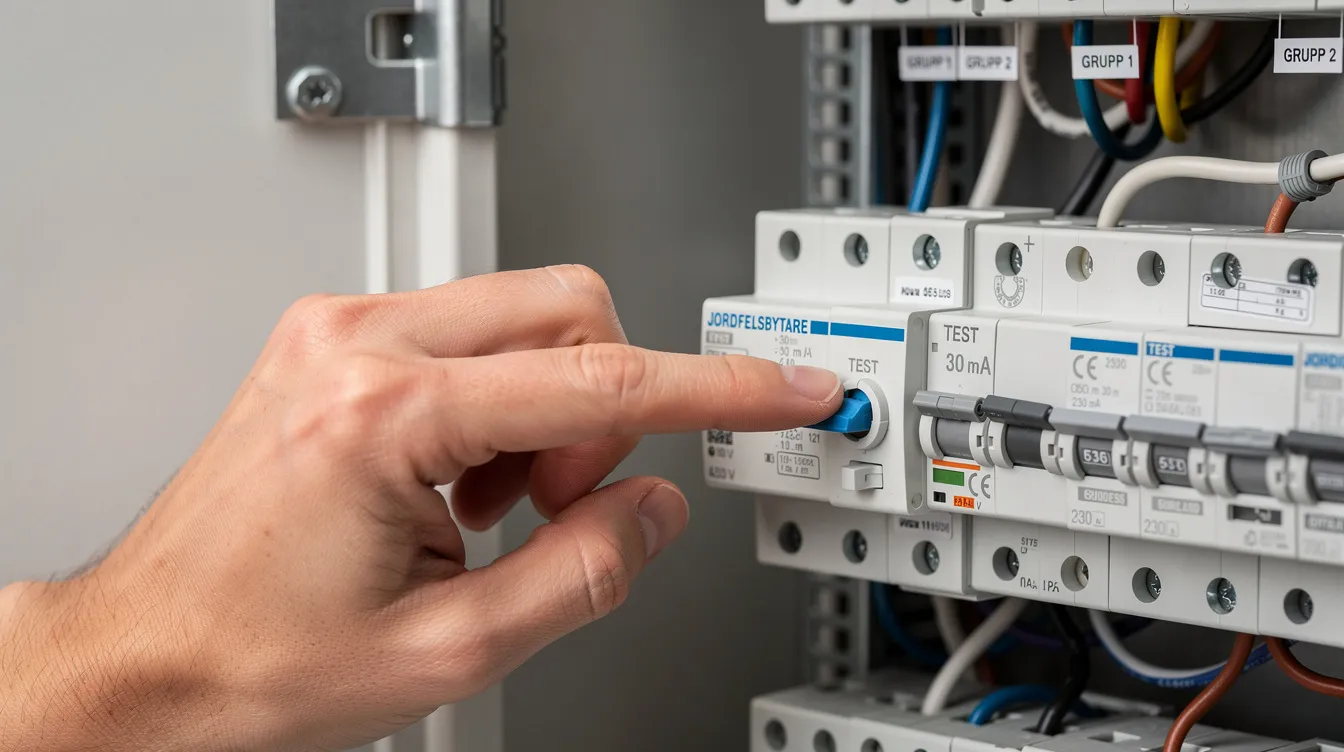 En hand trycker på testknappen på en jordfelsbrytare i ett elskåp, vilket är en viktig säkerhetsåtgärd för att skydda elektriska installationer mot jordfel. Denna åtgärd är avgörande för att säkerställa att elektriska apparater fungerar korrekt och säkert.