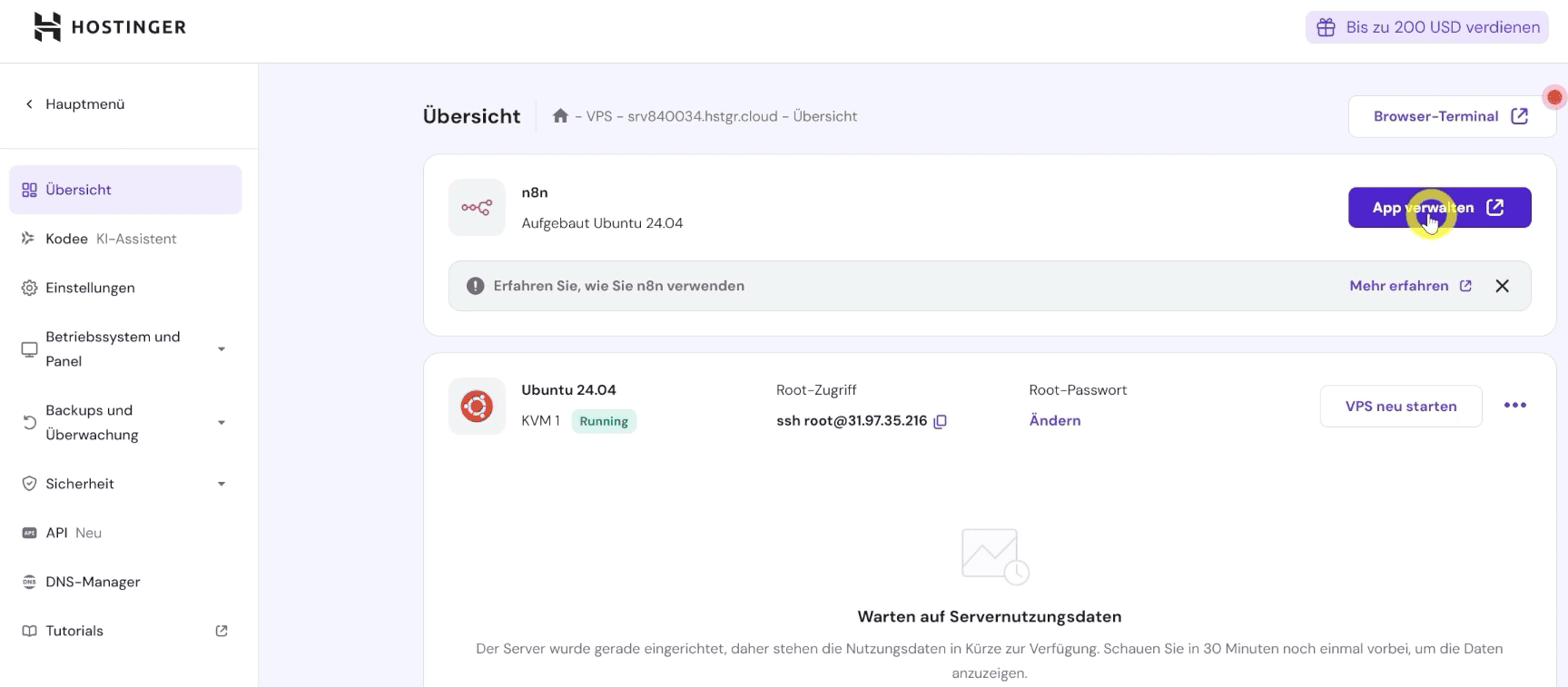 n8n aufrufen ueber hostinger hpanel - app verwalten button
