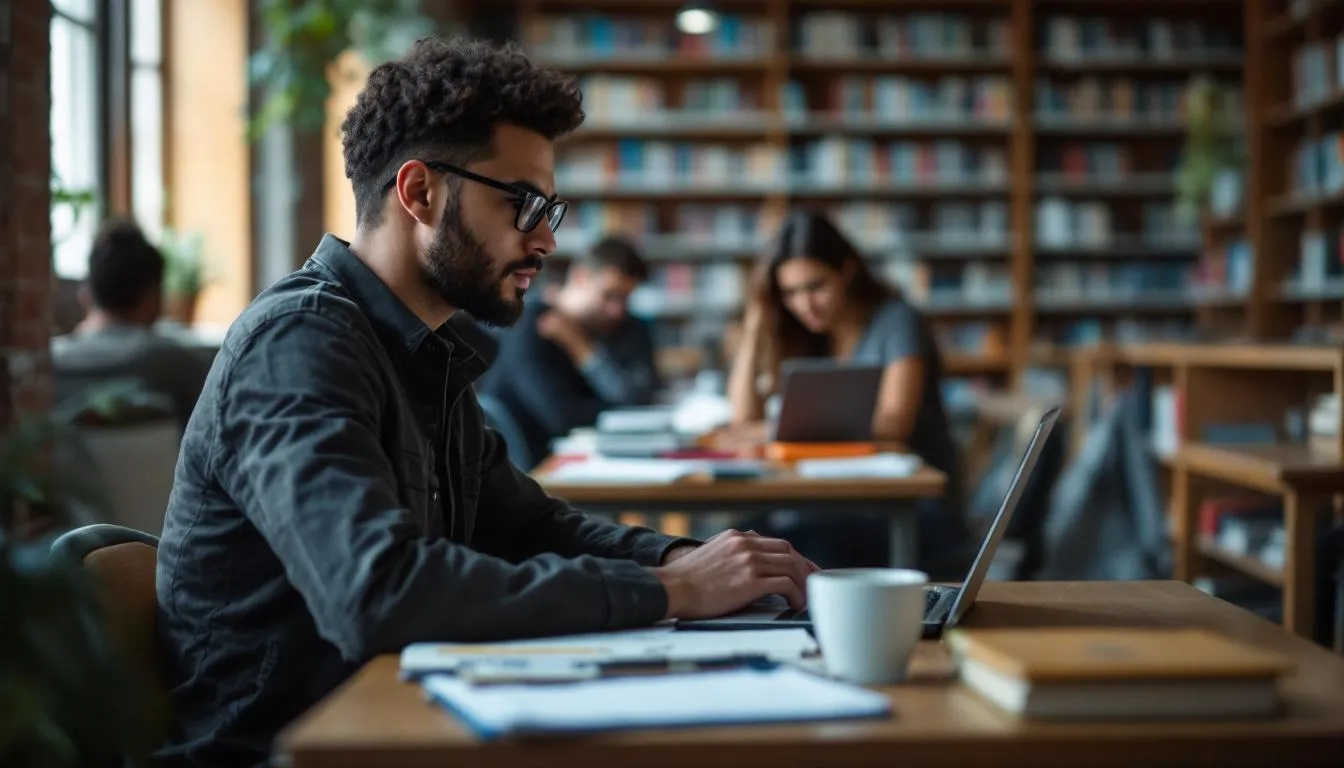 The image depicts a person engaged in the research paper writing process, surrounded by books and notes, while referencing a citation style guide. They are focused on ensuring proper citations and in-text citations to give credit to sources, highlighting the importance of accurate citations in academic work.