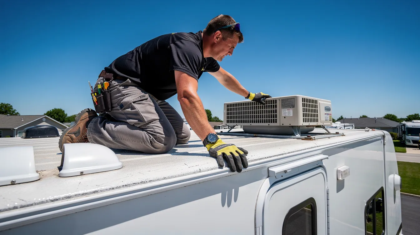A person wearing gloves and non-slip shoes is carefully working on the rooftop of an RV, inspecting the air conditioning unit under the bright sun. The scene suggests a focus on the RV AC system, possibly addressing issues related to airflow or preparing for major repairs to ensure the unit blows cold air effectively.