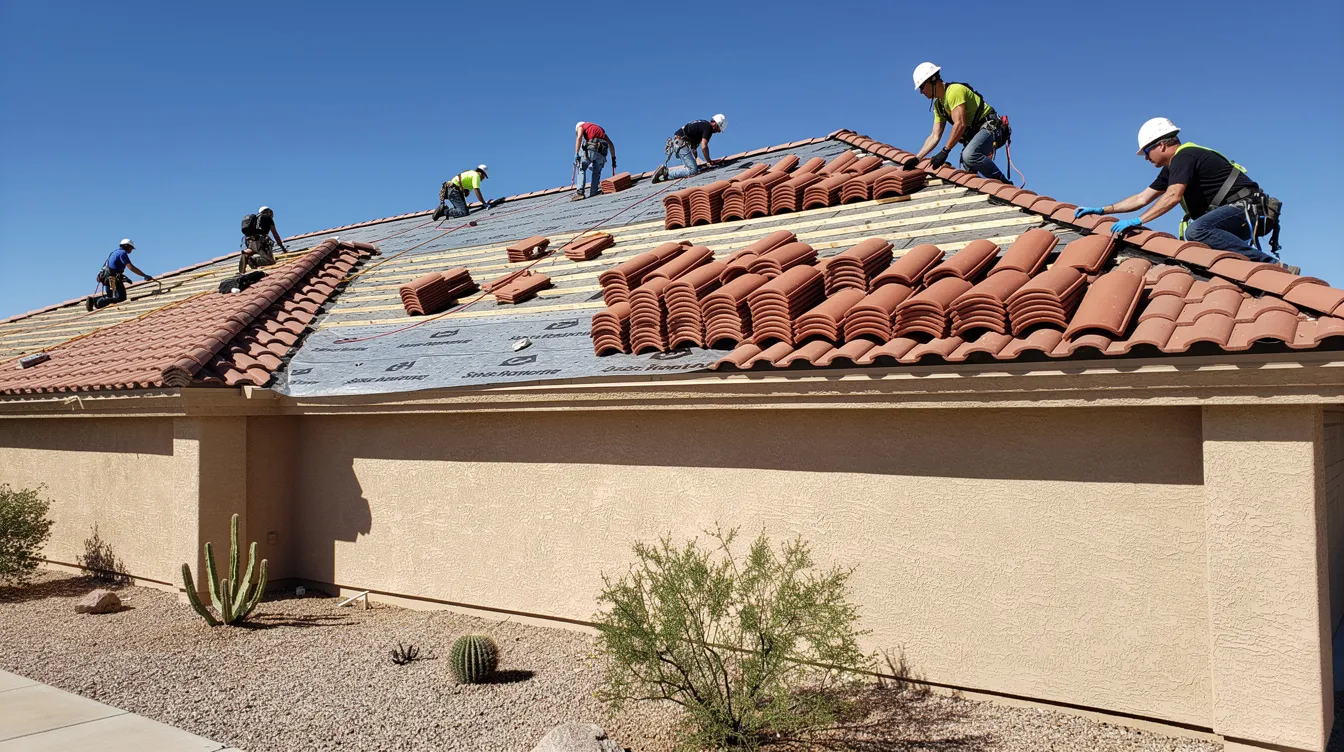 A roofing crew is seen carefully lifting red clay tiles off a single-story residential home in Phoenix, with a clear blue sky in the background. This image captures the meticulous process of tile roof underlayment replacement, highlighting the importance of proper roof inspection to prevent future leaks and water damage.