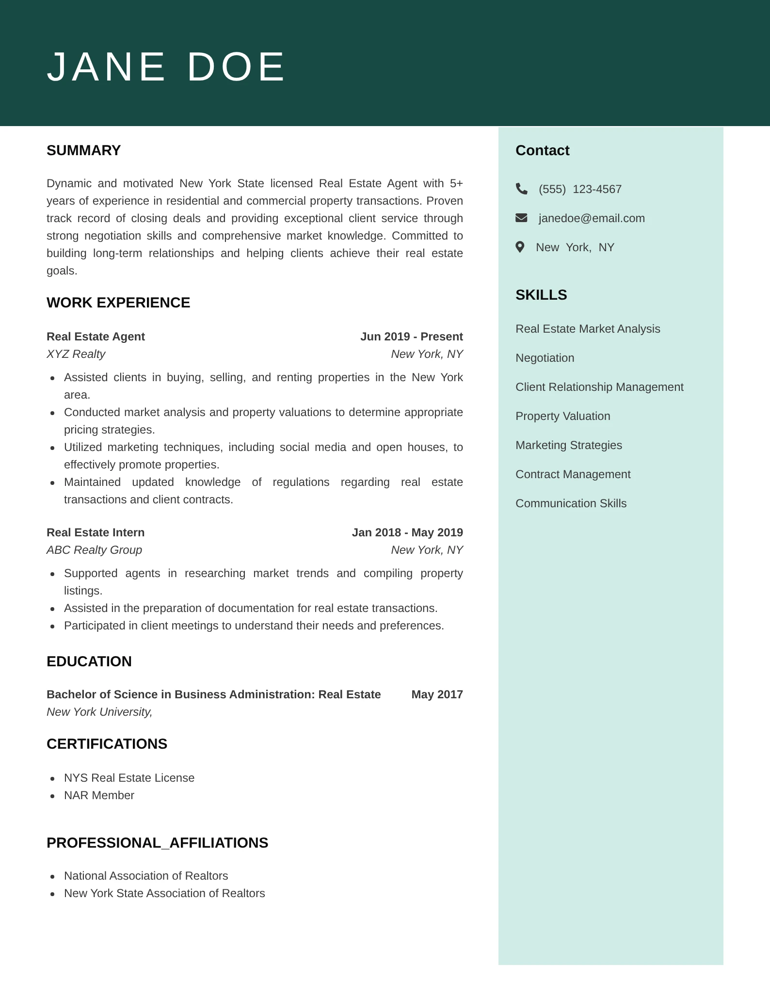 A professional resume for “Jane Doe” displayed in a clean, modern two-column layout. The left side includes a summary, work experience, education, certifications, and professional affiliations. The right side features contact details and a list of real estate–related skills. Soft green accents highlight sections for an organized, polished appearance.