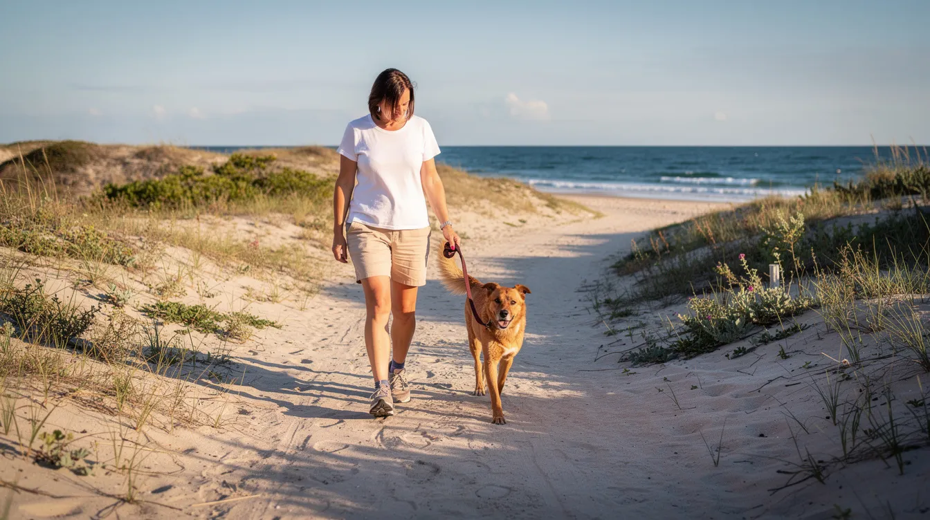 A dog owner strolls along a sandy beach path with their medium-sized dog on a clear day, enjoying quality time together. This scene highlights the importance of supporting joint health for dogs, as maintaining their mobility is essential for an active lifestyle and overall well-being.